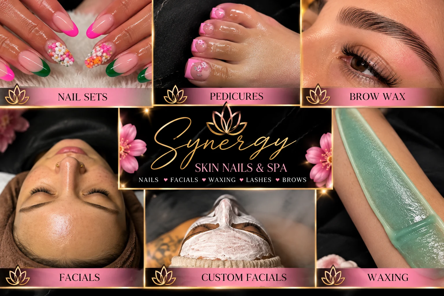 Synergy Skin Nails and Spa beauty service showcase featuring pink and green floral nail art, a pink floral pedicure, brow wax, facials and waxing